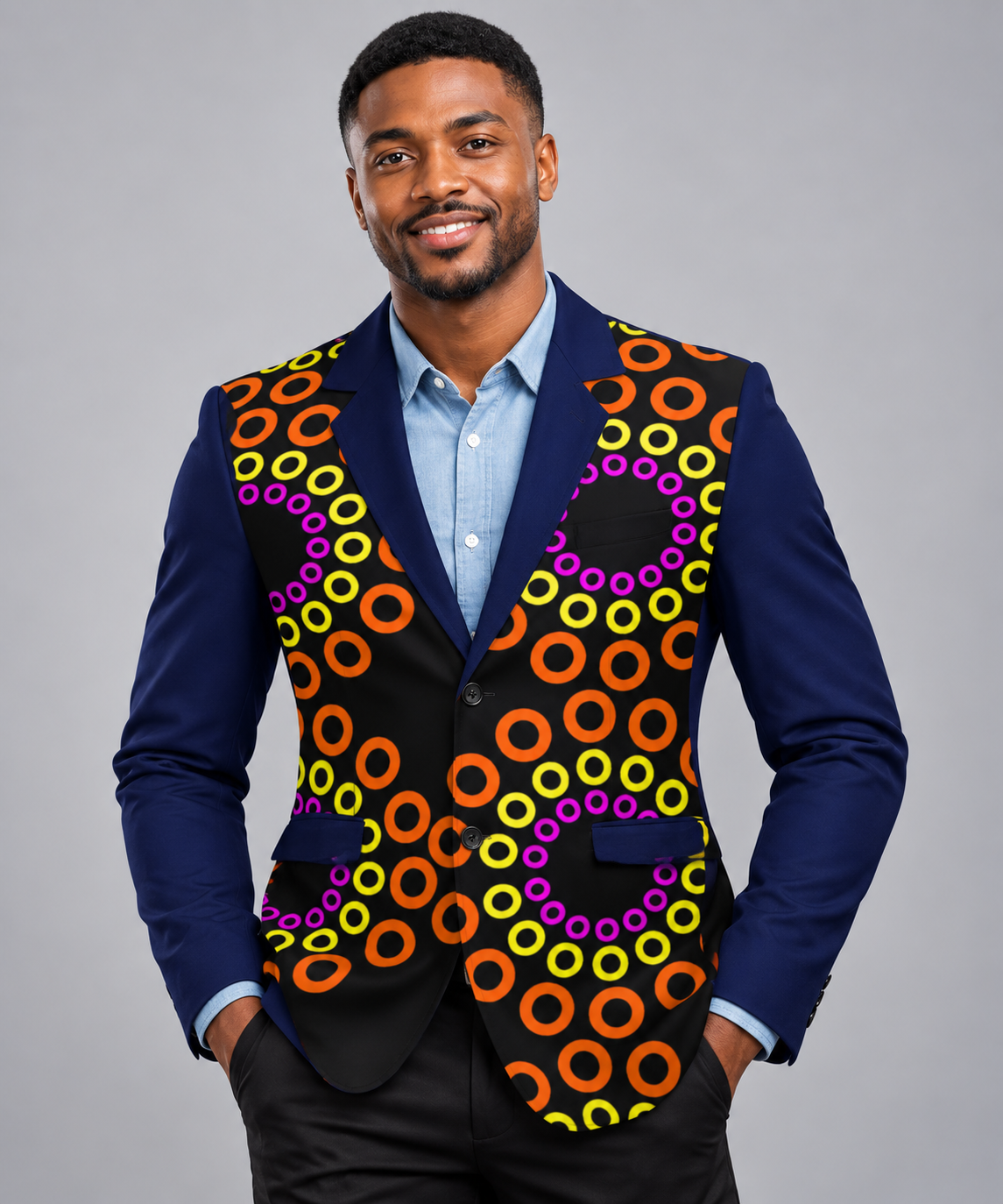 Ankara Ascent Two-Button Suit — Geometric Print, Contrast Sleeve