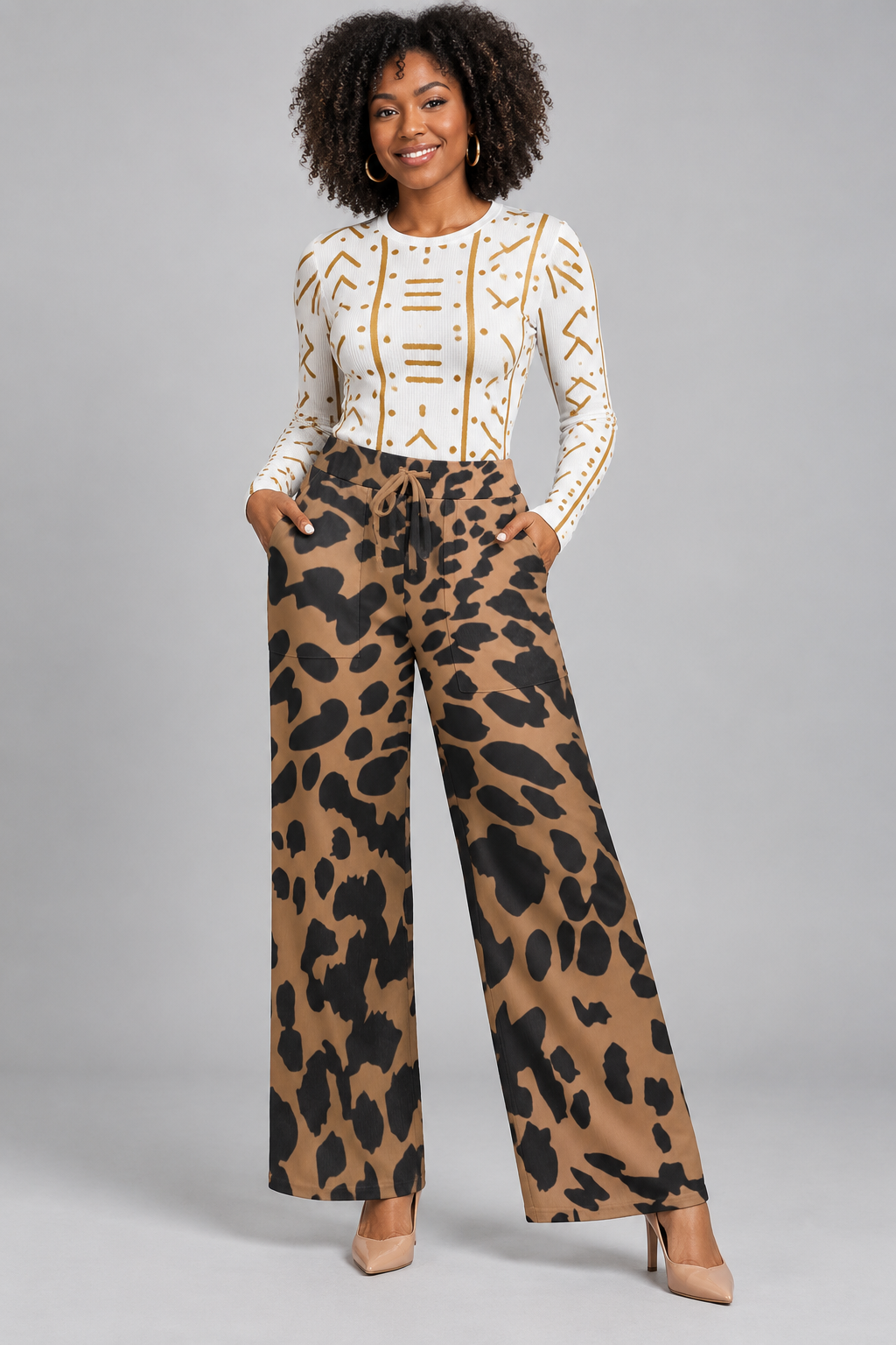 Leopard Print High-Waisted Wide Leg Pants - Women's Drawstring Palazzo Trousers with Pockets