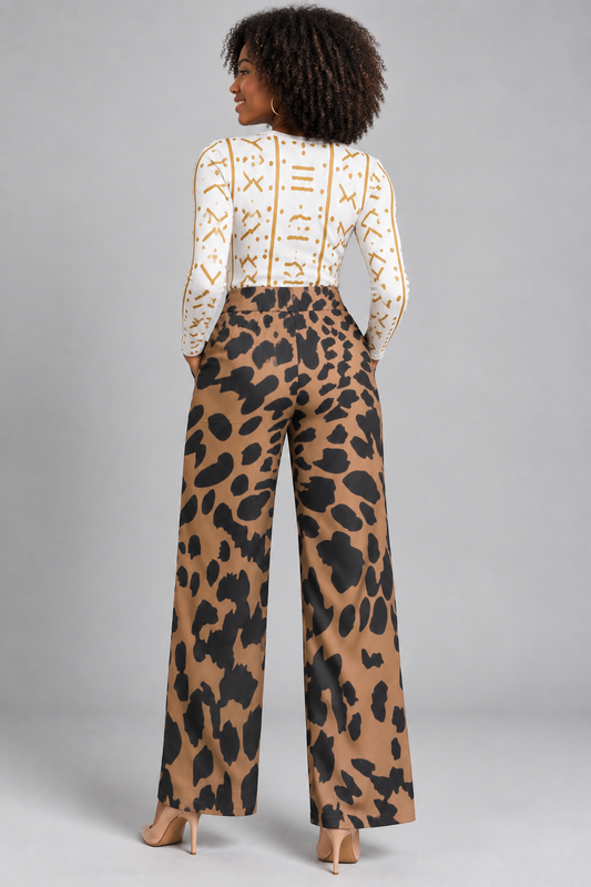 Leopard Print High-Waisted Wide Leg Pants - Women's Drawstring Palazzo Trousers with Pockets