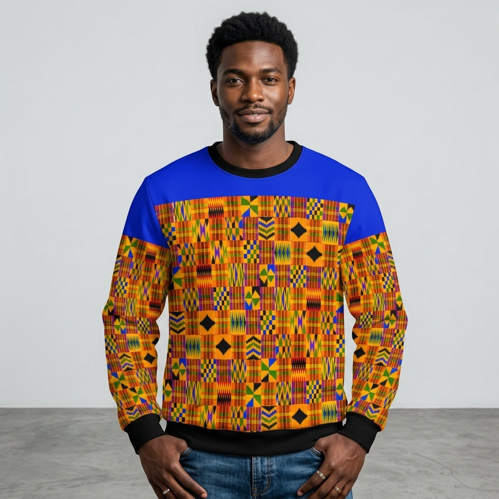 Kente-Inspired Print Long Sleeve T-Shirt — Men's Colorblock Cotton Tee