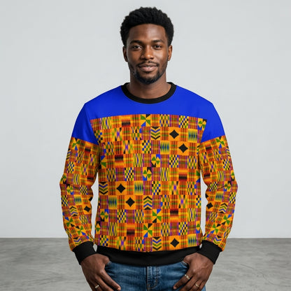 Kente-Inspired Print Long Sleeve T-Shirt — Men's Colorblock Cotton Tee