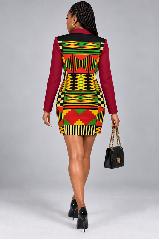 Kente-Inspired Double Breasted Blazer Mini Dress