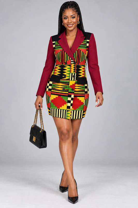 Kente-Inspired Double Breasted Blazer Mini Dress