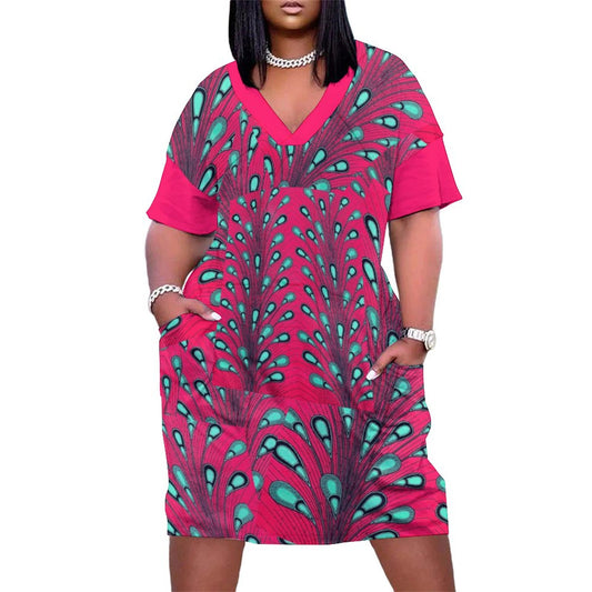 Ankara Peacock Print V-Neck Baggy Dress | Pink & Teal Oversized Midi with Pockets