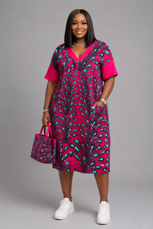 Ankara Peacock Print V-Neck Baggy Dress — Plus Size