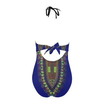 Dashiki Print Hollow-Out One-Piece Swimsuit — Royal Blue