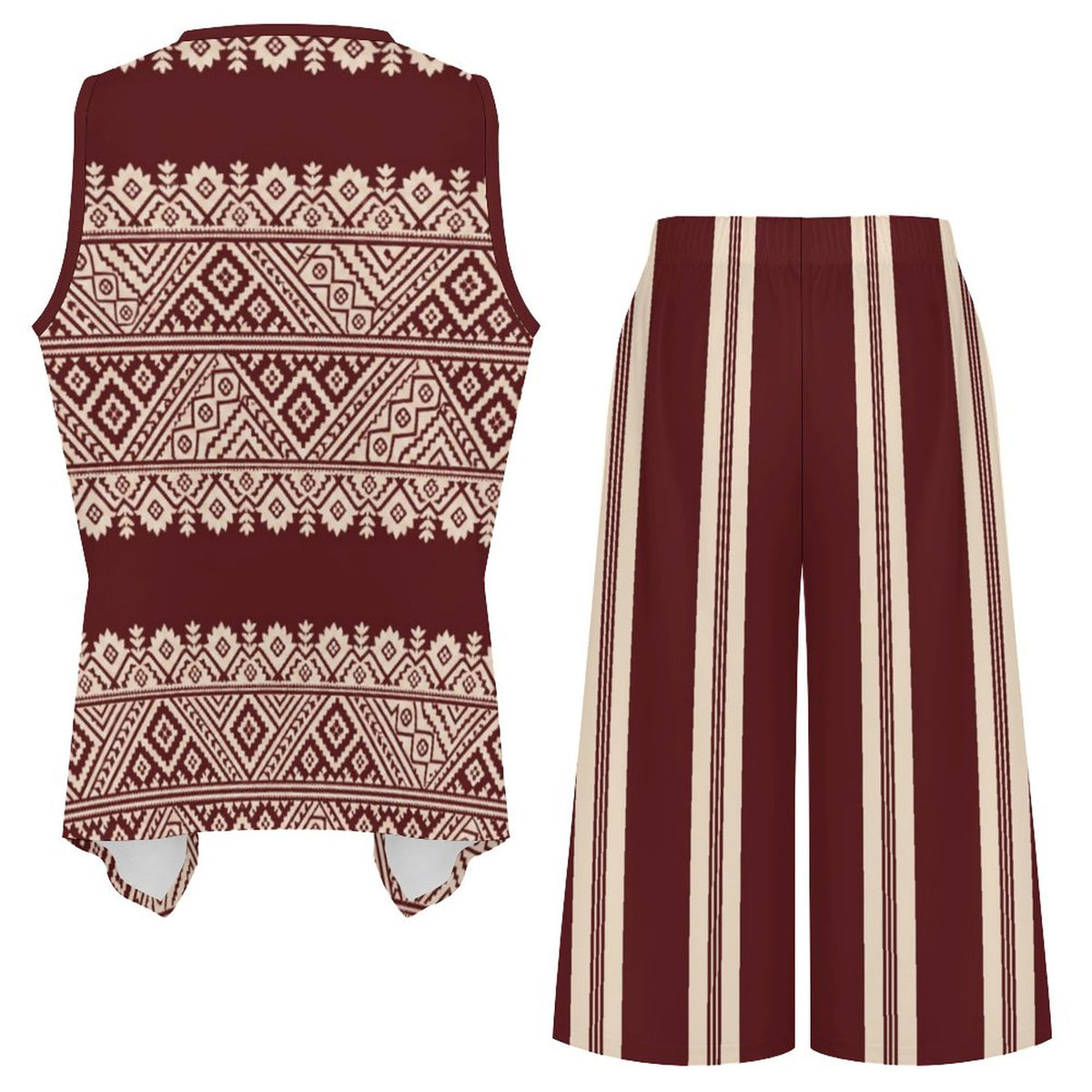 A two-piece women's outfit set featuring a sleeveless knit vest with a cream geometric pattern on a burgundy base, and matching wide-leg cropped pants with vertical burgundy and cream stripes.