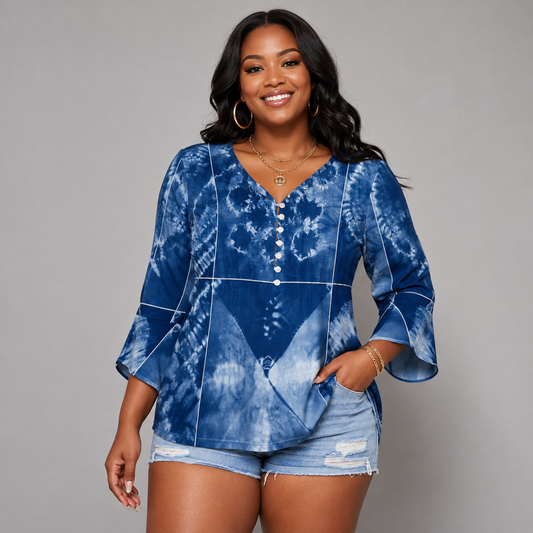Shibori Tie-Dye V-Neck Button Top — Plus Size Bell Sleeve