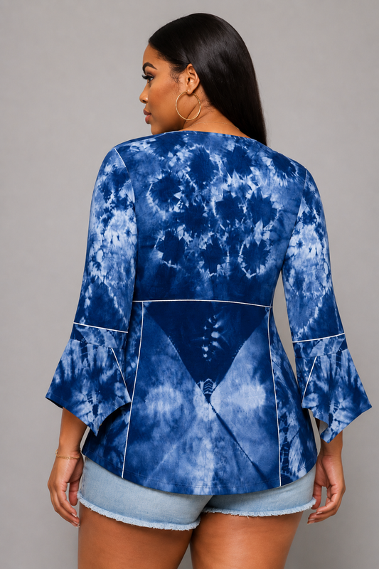 Shibori Tie-Dye V-Neck Button Top — Plus Size Bell Sleeve