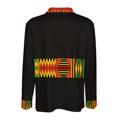 Men's Long Sleeve Sports Polo — Kente-Pattern Trim, Black