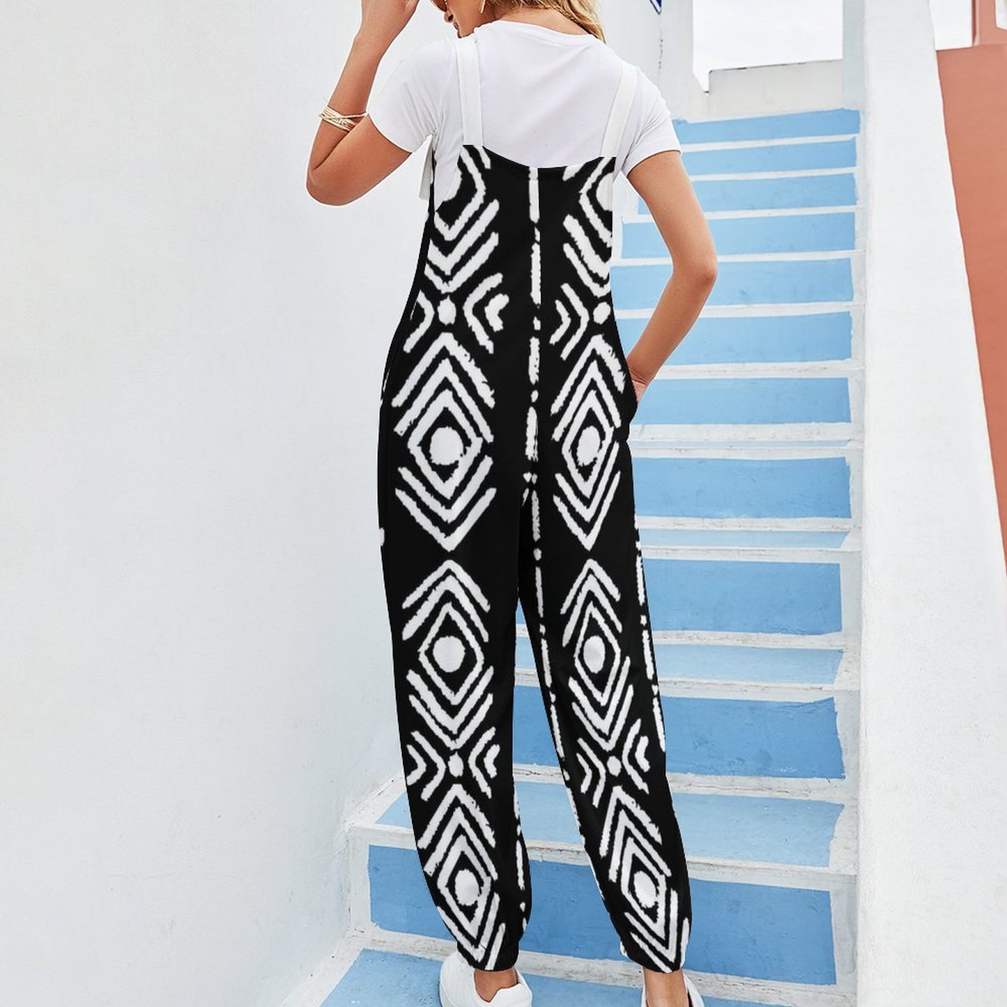 Bogolan Print Spaghetti Strap Jumpsuit | Black & White Wide-Leg Tie-Strap Romper