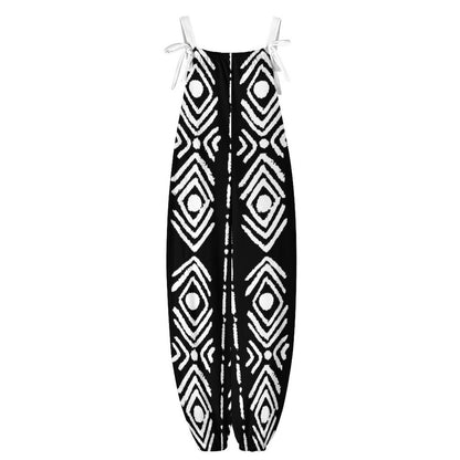 Bogolan Print Spaghetti Strap Jumpsuit | Black & White Wide-Leg Tie-Strap Romper