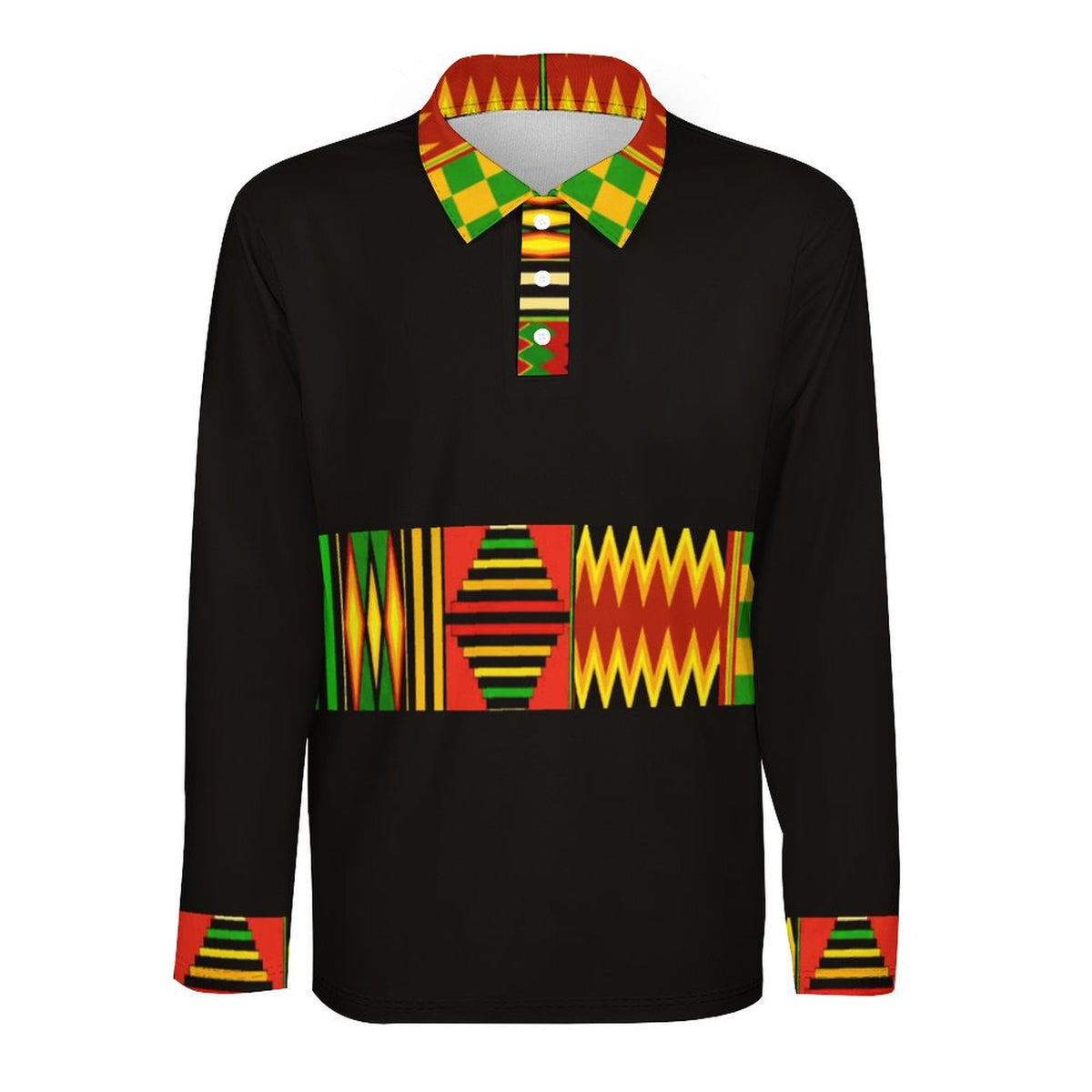 Men's Long Sleeve Sports Polo — Kente-Pattern Trim, Black