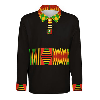 Men's Long Sleeve Sports Polo — Kente-Pattern Trim, Black