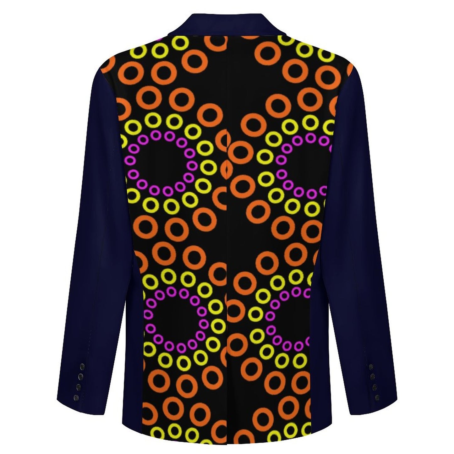 A long-sleeve blazer shown from the back, featuring a dark navy base with a vibrant pattern of concentric orange, yellow, and purple rings on a black background.