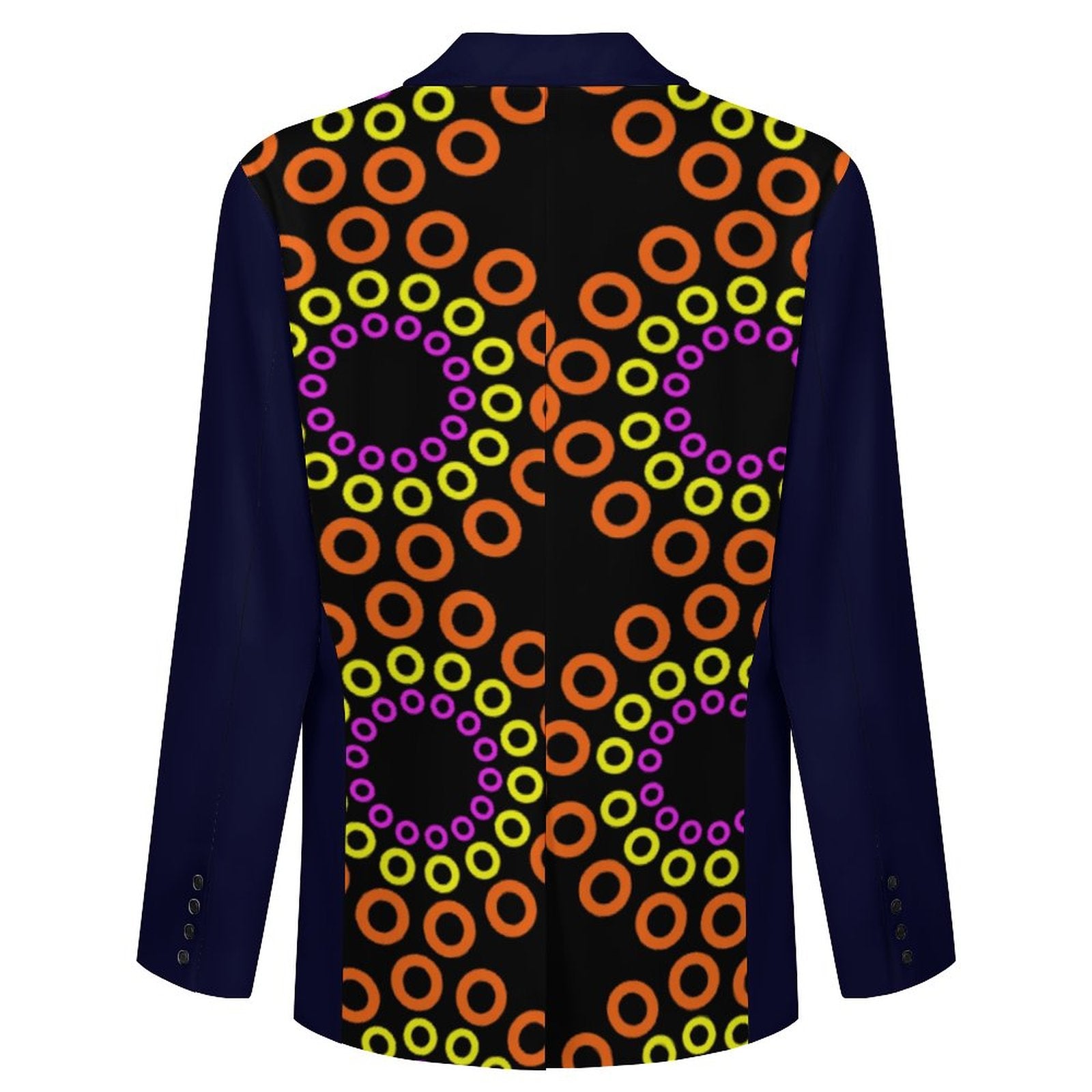A long-sleeve blazer shown from the back, featuring a dark navy base with a vibrant pattern of concentric orange, yellow, and purple rings on a black background.