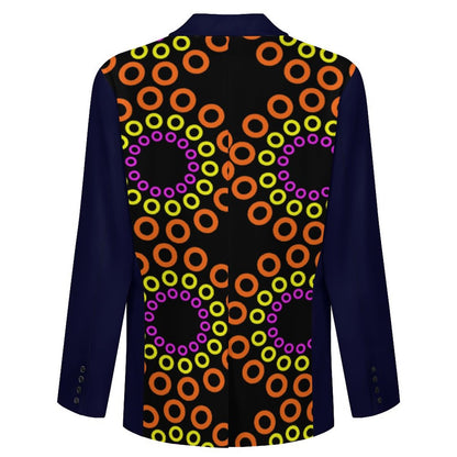 A long-sleeve blazer shown from the back, featuring a dark navy base with a vibrant pattern of concentric orange, yellow, and purple rings on a black background.