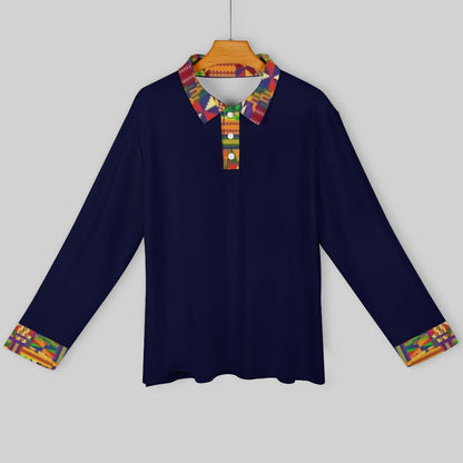 A long-sleeve polo shirt in navy blue, featuring a colorful geometric patterned collar and matching patterned cuffs, hanging on a wooden hanger against a solid gray background.