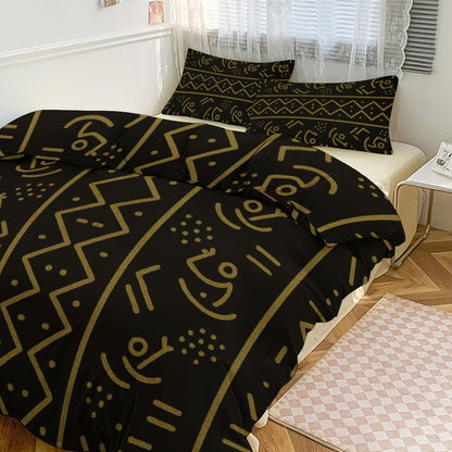 3-Piece Bedding Set — Bogolan Gold Symbol Print — Dual-Sided Printing — 105gsm Brushed Fabric