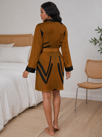Bogolan Ascent Kimono Robe | Terracotta & Black Long Sleeve Belted Nightdress