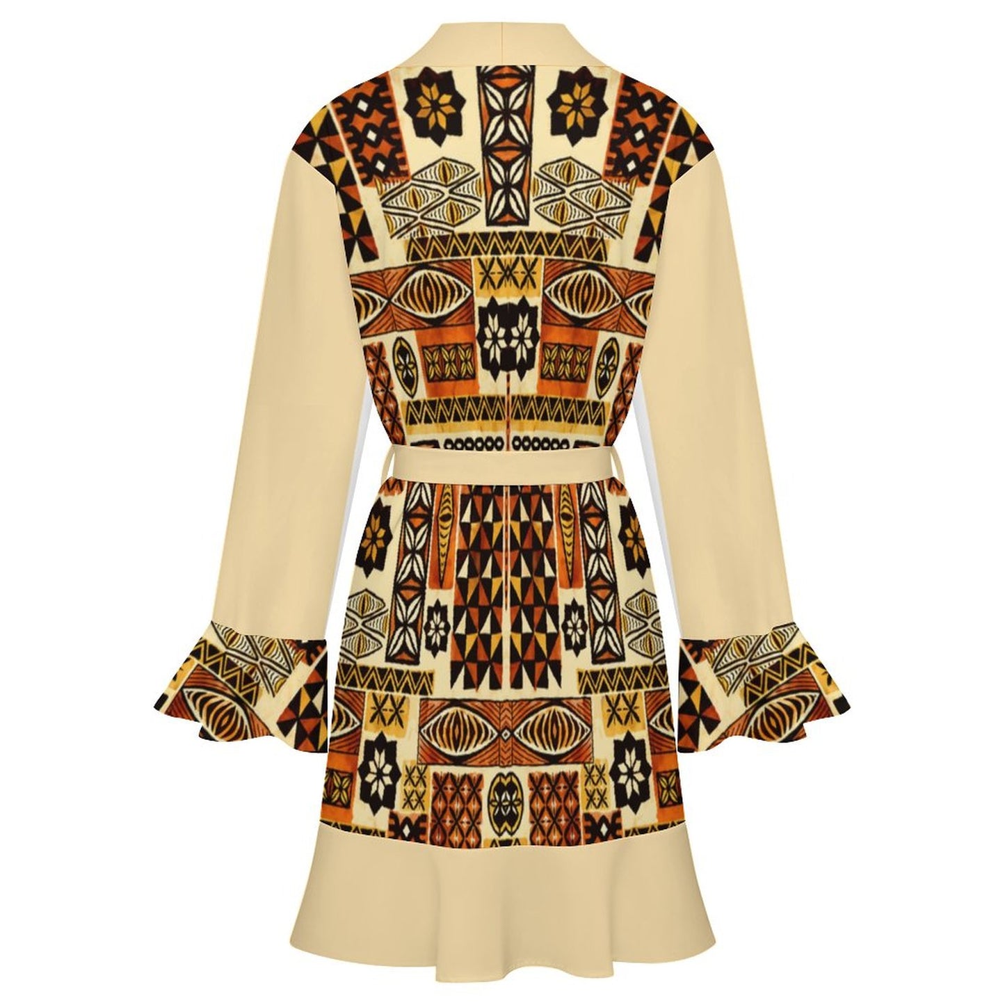 120gsm Women's Ruffle Long Sleeve Bogolan Motif Robe