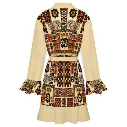 120gsm Women's Ruffle Long Sleeve Bogolan Motif Robe
