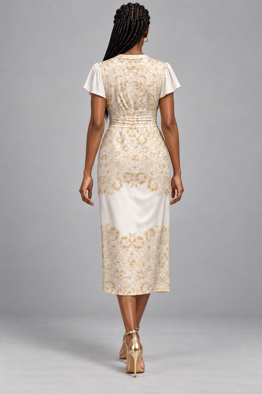 Cream & Gold Floral Jacquard V-Neck Midi Dress — Wide Waistband