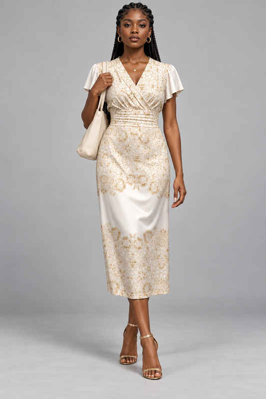 A woman modeling a cream and gold patterned midi dress with short flutter sleeves, a V-neckline, and a pleated bodice, styled with a cream tote bag and gold strappy heels against a gray studio background.
