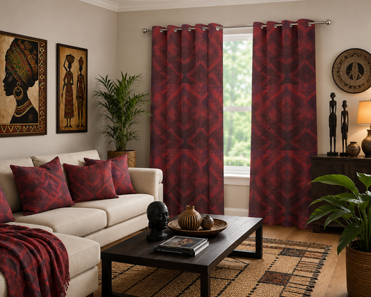 Ankara-Inspired Geometric Print Grommet Curtains — Deep Red
