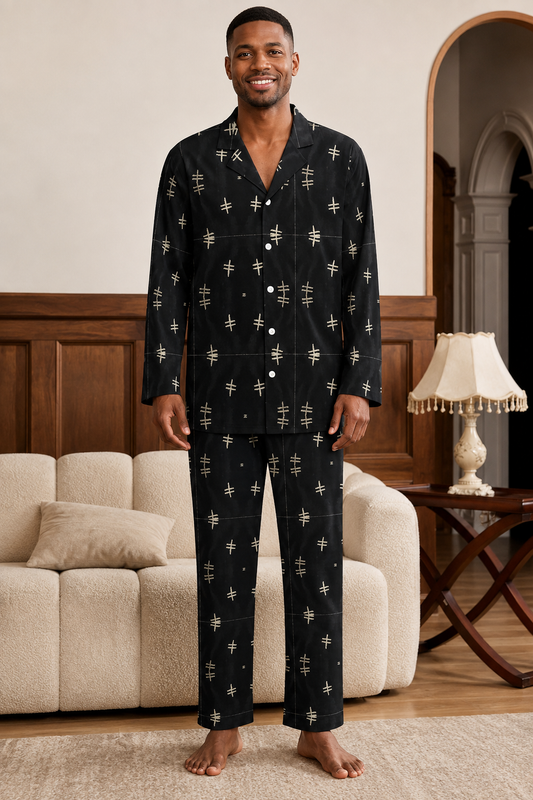 Bogolan Men's Long-Sleeve Pajama Set – African Mud Cloth Luxury Loungewear-180gsm
