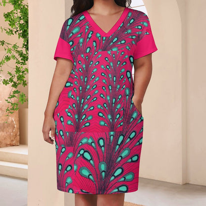 Ankara Peacock Print V-Neck Baggy Dress | Pink & Teal Oversized Midi with Pockets