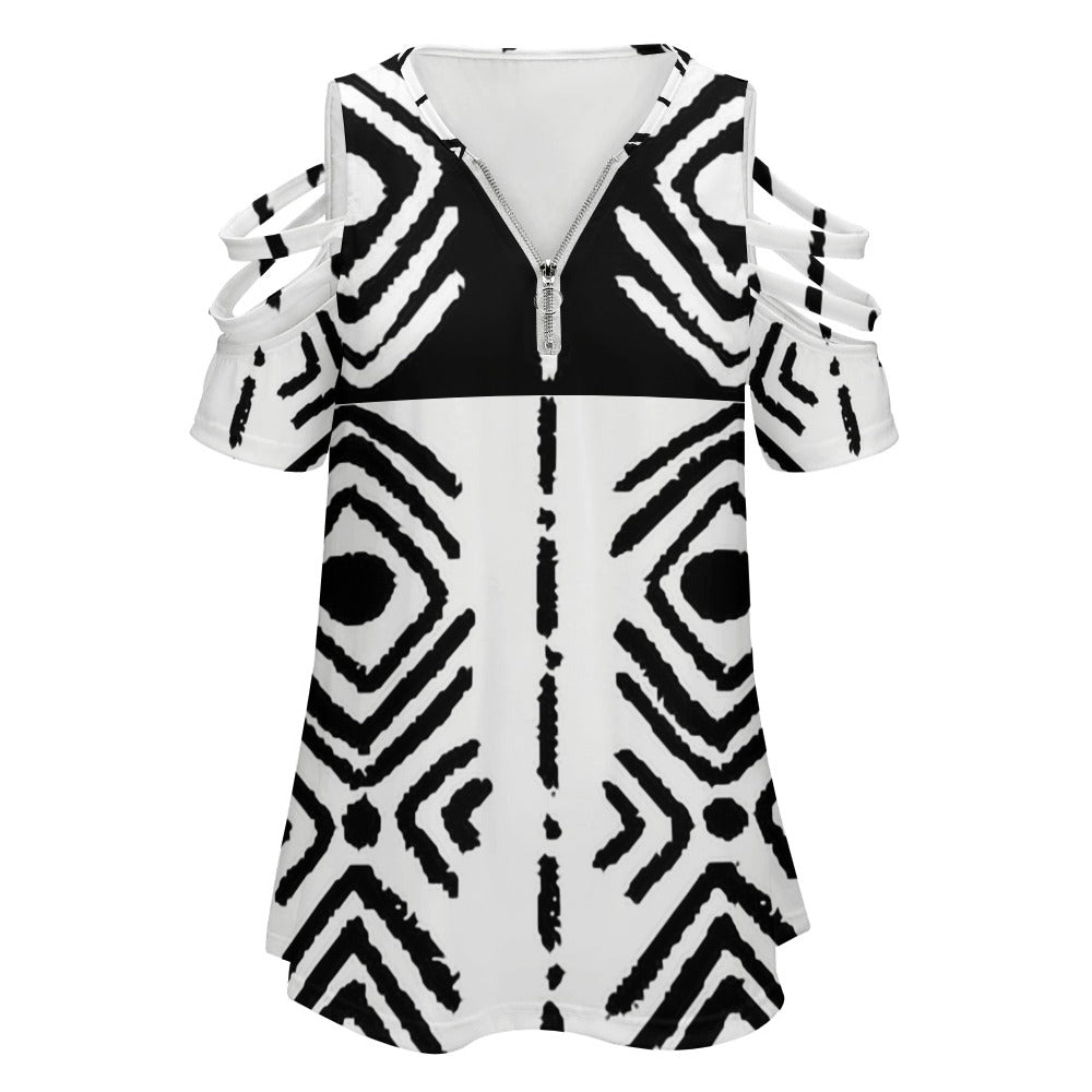 Mudcloth Print Open-Shoulder Zip Top — Black & White