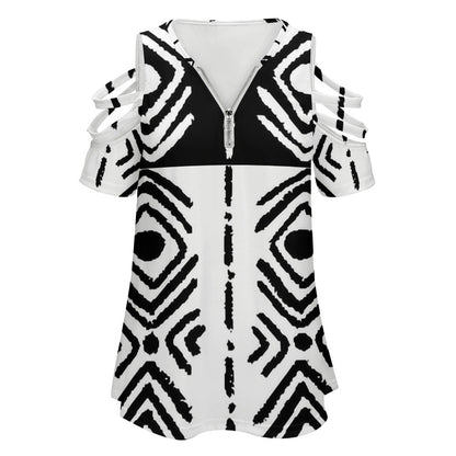 Mudcloth Print Open-Shoulder Zip Top — Black & White