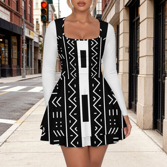 Mudcloth Print Skater Dress — Square Neck Long Sleeve