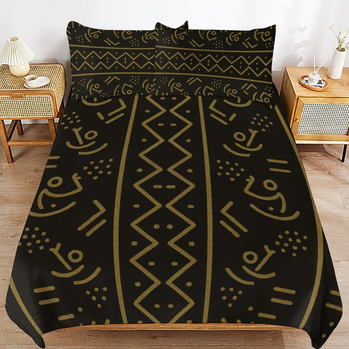 3-Piece Bedding Set — Bogolan Gold Symbol Print — Dual-Sided Printing — 105gsm Brushed Fabric