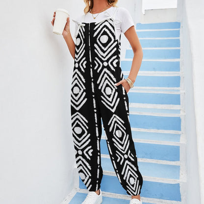 Bogolan Print Spaghetti Strap Jumpsuit | Black & White Wide-Leg Tie-Strap Romper