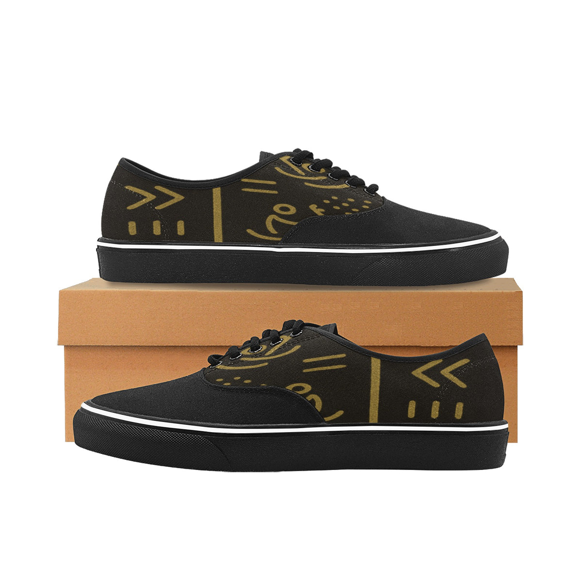 Mudcloth Print Women’s Classic Canvas Low-Top Shoes — Black & Gold