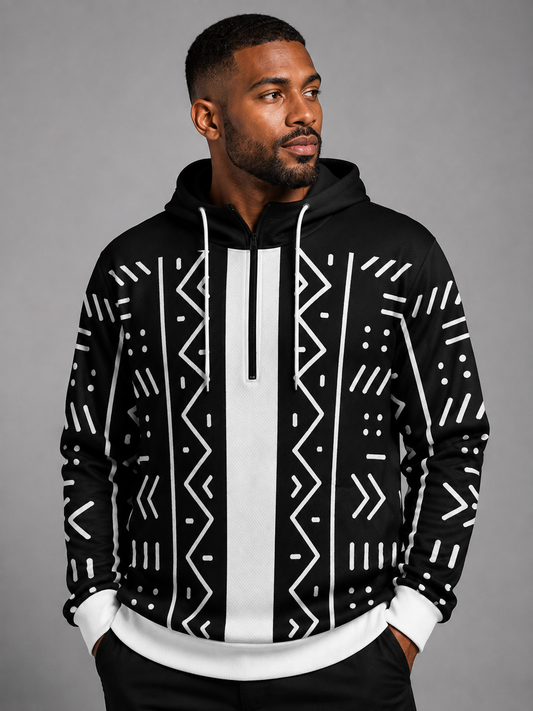 Mudcloth Print Quarter-Zip Hooded Sweatshirt — Men's Contrast Trim