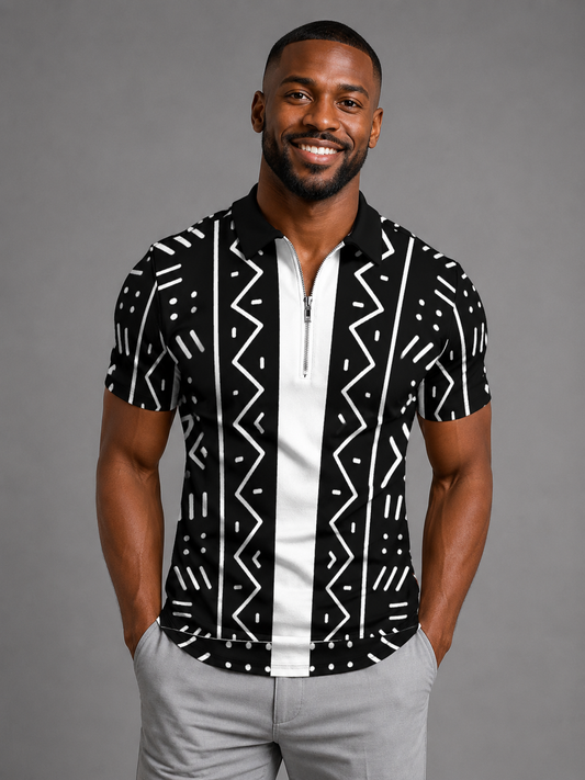 Mudcloth Print Zip Polo Shirt — Men's Cotton Print