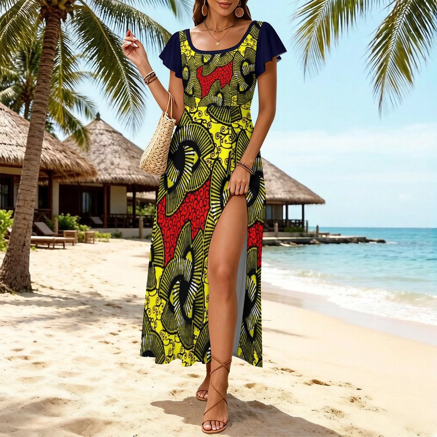 A woman stands on a sandy beach wearing a short-sleeve maxi dress with a bold yellow, green, red, and black abstract print. The dress has dark navy blue short sleeves and a high slit.