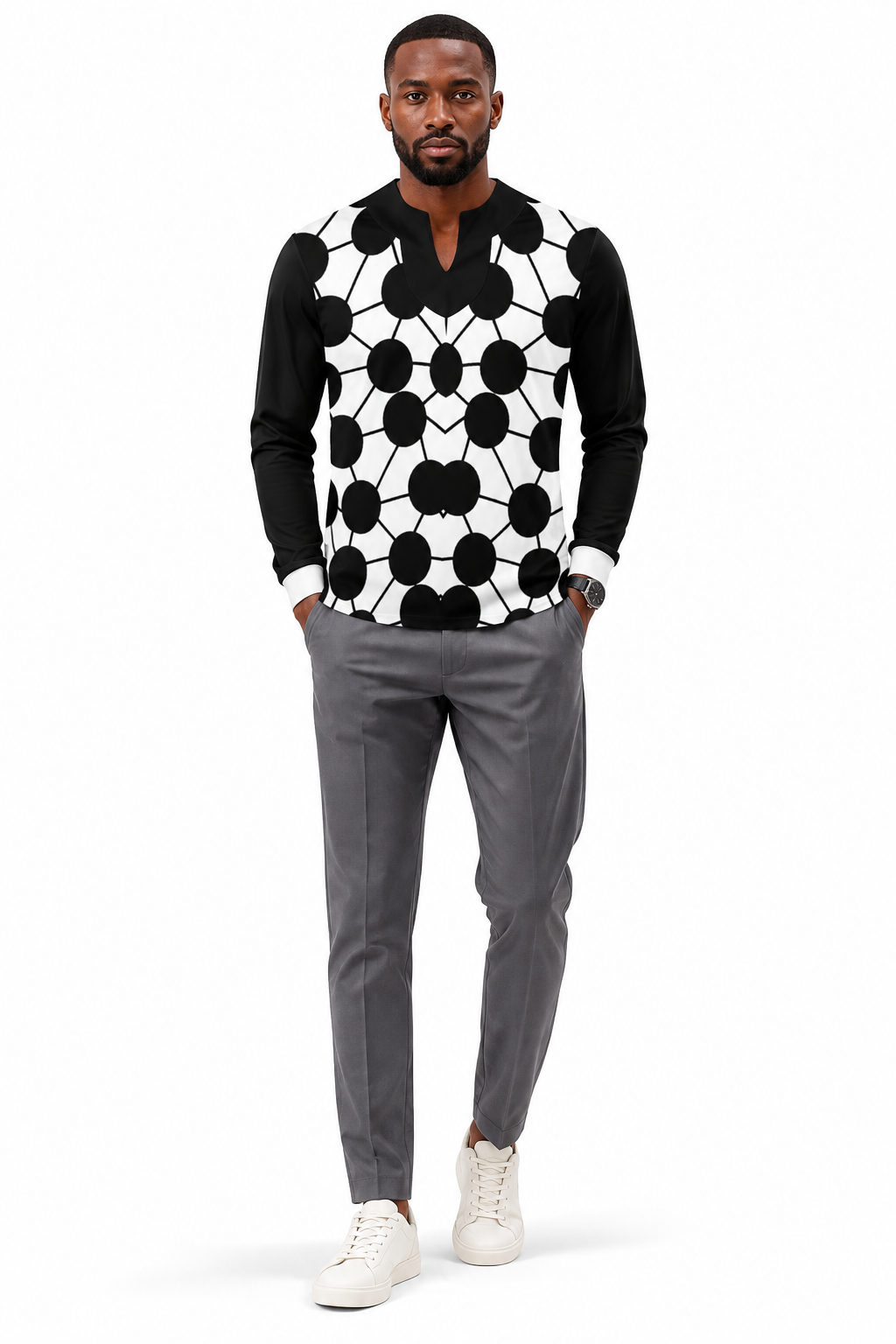 Men's Notch V-Neck Long Sleeve T-Shirt — Geometric Print
