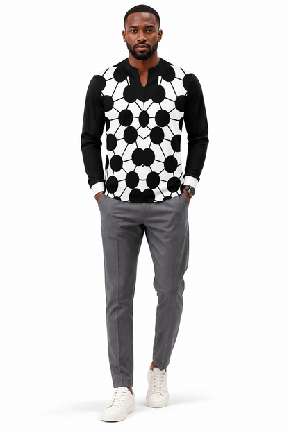 Men's Notch V-Neck Long Sleeve T-Shirt — Geometric Print