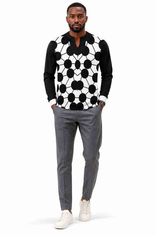 Men's Notch V-Neck Long Sleeve T-Shirt — Geometric Print