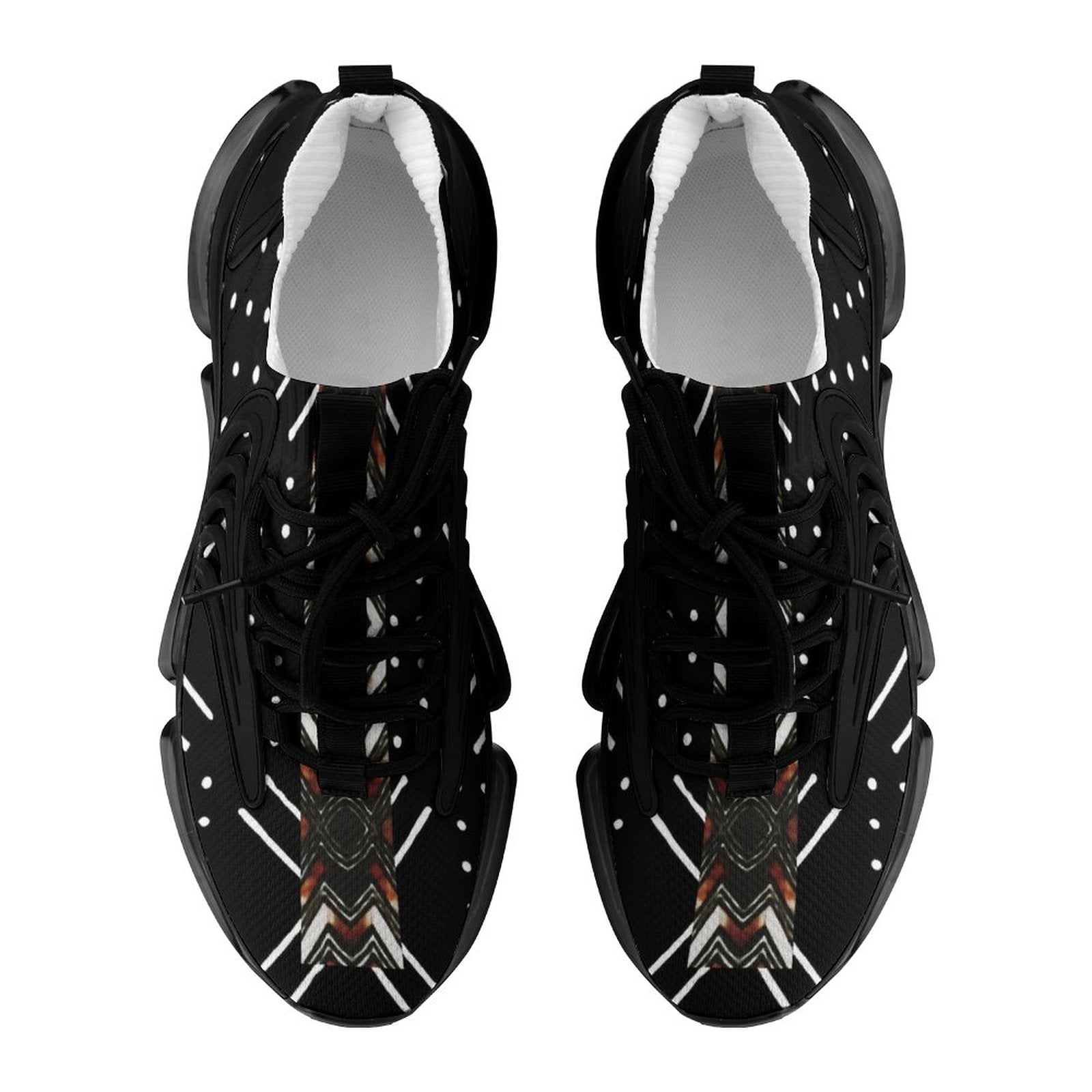 A pair of black athletic sneakers shown from a top-down view on a plain white background. The shoes feature a textured black upper with white dotted geometric patterns and a stylized red, white, and black chevron graphic on the toe area.