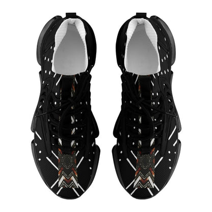A pair of black athletic sneakers shown from a top-down view on a plain white background. The shoes feature a textured black upper with white dotted geometric patterns and a stylized red, white, and black chevron graphic on the toe area.