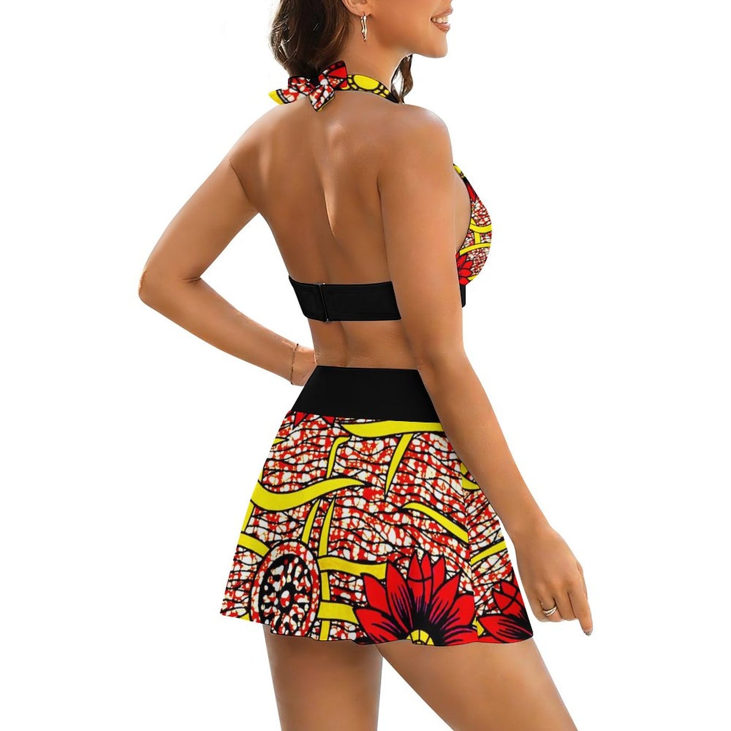 Lace-up Split Ankara Skirt Swimsuit Set