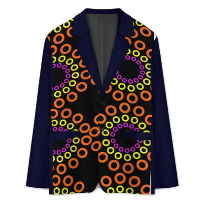 A men's blazer with solid navy blue sleeves and collar, featuring a black body covered in a vibrant pattern of orange, yellow, and purple concentric rings, shown on a plain white background.