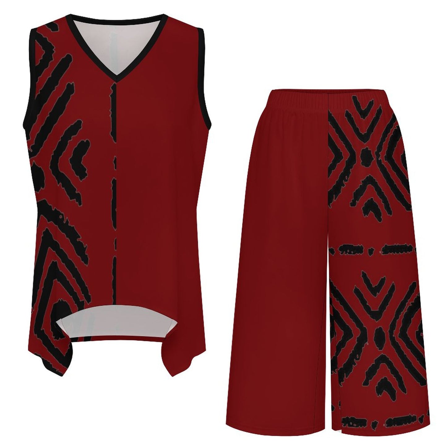 Mudcloth Print V-Neck Top & Wide Leg Pants Set — Red & Black
