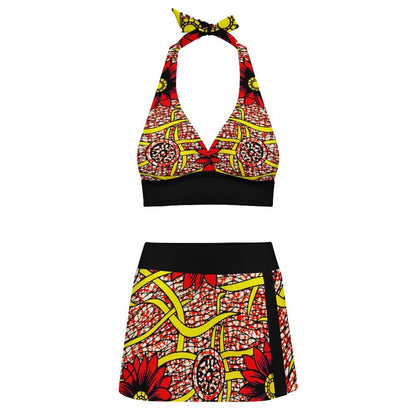 Lace-up Split Ankara Skirt Swimsuit Set