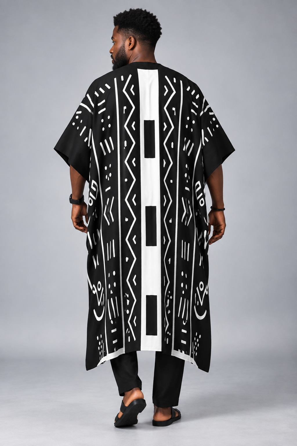 Mudcloth Print Batwing Sleeve Kaftan — Men's V-Neck Robe